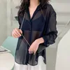 Frauen Sexy Durchsichtige Bluse Sommer Mesh Transparent Weiß T-Shirts Langarm Casual Tops Y2k Koreanische Mode Knopf Strickjacke 240307