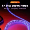 6A Fast Charging Type C Cable Breathing Luminous Gradient Light Data Cable 66W PD USB C Data Charger Cable Cord For Samsung A15 S24 Xiami Huawei