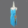 Stadiumkleding Blauwe Latin Danswedstrijd Fringe Rok Professionele Ballroom Jurk Voor Volwassen Vrouwen Meisje Grote Maat Op maat