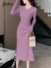 Vestidos casuais outono magro malha mulher vestido sólido doce senhoras elegantes mulheres preto cáqui damasco azul roxo a-line