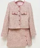 AW Aankomst Vrouwen Twee Stukken Sets Roze Kleur Tweed Ronde Hals Jas Slip Mini Jurk Met Pailletten En Diamanten 240223