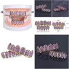 Grillz, Dental Grills Luxury Bling Pink Zircon Dental Grills Punk Steet Fashion Men Women Teeth Grillz 2-Pieces 1 Set Hip Hop For Rap Dhi9H