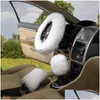 Steering Wheel Covers 3Pcs/Set Winter Long Wool Car Steering Wheel Gear Knob Shifter Parking Brake Er Warm Soft P Women Accessories 6C Dhltz