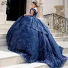 Темно-синее бальное платье с блестящими кристаллами и бисером, платья Quinceanera, с открытыми плечами, расшитый блестками кружевной корсет, Vestidos De 15 Anos