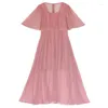 Vestidos de festa mulheres vestido primavera verão mori meninas doce elegante magro bordado retro órgão plissado longo chiffon rosa maxi