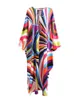 Ashion Autumn Winter Women's Dress Batwing Sleeve Rainbow Stripe Print Loose Robe Elastic Long Dresses