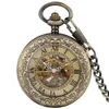 Orologio da tasca vintage in bronzo numeri romani scheletro orologi meccanici automatici uomo donna orologio a carica automatica pendente FOB catena220f