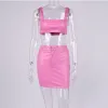 Robes 2021 Femmes Pu Jupe Outfit Deux Pièces Ensemble Soutien-Gorge Crop Tops En Cuir Mini Jupe Solide Rose Moulante Maigre Sexy Party Clubwear