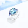 Cluster Rings White Gold Plated Luxury Shinning Created-Aquamarine Tanzanite Created-sapphire Square Shape Ring For Women