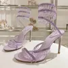 Stiletto-Schmuck-Sandalen mit hohem Absatz und schlängelnder, eleganter Sandale von Rene Caovilla, Kristallgold-Strass-Kleidschuhe, silberne Sohlen, Damen-Sommer