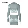 Suits Echoine Women Moda Baskı Longsleeve Elastik mahsul üst ve Bodycon etek 2 İki Parça Set 2023 Sexy Casual Party Club Kıyafetleri