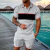 Yaz Mens Suit Trend 3D baskı vintage kontrol polo gömlek şort iki parça set yumuşak moda sıradan erkek giyim