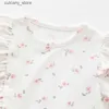 Jumpsuits Floral Printing Spring Summer Baby Girl Clothes Ruffles spets långärmad bomull Jumpsuit Set Girls Rompers + Hats L240307