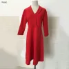 Платья Красное платье для офиса Леди трапециевидной формы с высокой талией и глубоким V-образным вырезом Три четверти Элегантная рабочая деловая модная одежда Женское платье миди