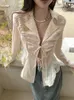 Yedinas Fairycore Lace Up Blouse Women Long Sleeve Spring Rowndown Relar Sirt Ladies Tops Fashion Chic 240307