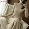 Vestido RONGYI elegante vestidos de moda suéter de caxemira vestido longo de malha 1O0% lã merino feminino gola alta saia de escritório outono inverno