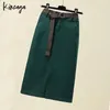 Plus Size Slim High Waist Front Slit Midi Straight Skirts 4XL Women Japanese Harajuku Sashes Pockets Bodycon Green Cargo Skirt 240307