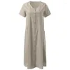 Casual klänningar kvinnlig sommar v hals kort ärm klänning elegant vintage enkelbröst skarv kvinnors fasta färg bomullslinne klänning