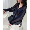 Frauen Sexy Durchsichtige Bluse Sommer Mesh Transparent Weiß T-Shirts Langarm Casual Tops Y2k Koreanische Mode Knopf Strickjacke 240307