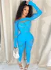 Summer Outfits Streetwear Jumpsuits Women Long Sleeve BodyCon Rompers Jumpsuit Skinny Blue Mesh See även om Overalls 240301