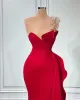 Size Plus One Shoulder Mermaid Sexy Prom Dresses Arabic Aso Ebi Red Beaded Crystals Satin Evening Formal Party Second Reception Bridesmaid Gowns Dress