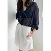 Women Sexy See-through Blouse Summer Mesh Transparent White T-Shirts Long Sleeve Casual Tops Y2k Korean Fashion Button Cardigan 240307