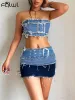 Suits Habbris Sexy Blue Strapless Denim 2 Two Piece Mini Skirt Set Club Outfits For Women 2023 Summer Bra Extender Crop Top Skirts Set