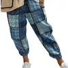 Pantalon femme pied-de-poule aspect denim imprimé cordon de serrage revers femmes taille haute crayon longueur cheville pantalon bas