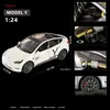 1 24 Model Y Model 3 med laddningslegeringsbilar Cast Metal Toy Car Model Sound and Light Childrens Collectibles Gift 240229