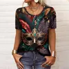 Women's T Shirts Carnival Shirt for Women Woman Button V-Neck mode Kort ärm Retro Mask Print T-shirt Slim Top Casual Tops