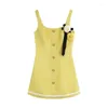Sukienki swobodne damskie żółte kolor bez rękawów tweed wełniany kwiat patchwork szczupła sukienka SML