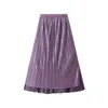 スカート紫色のパッチワーク女性のためのプリーツスカート春夏ヴィンテージチュールAラインメスハイウエストメッシュスプリットベージュ