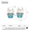 Серьги-гвоздики ZAKOL, милые синие овальные серьги с кубическим цирконием для женщин, маленькие серьги с искусственным жемчугом, 2024 INS, ювелирные изделия для вечеринок