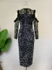 Dresses Black Sequins Dresses Cold Shoulder O Neck Lace Patchwork Plus Size Long Sleeve Sequined High Waist Party Glitter Outfits 4XL