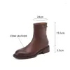 Bottes 2024 Automne En Cuir Véritable Femmes Bout Rond Talon Chunky Pour L'hiver Botas De Mujer Court