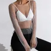 Camisetas femininas sexy glitter strass fishnet topo transparente bikini cover-ups malha estilo y2k manga longa em torno do pescoço para beira-mar