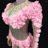 Scenkläder rosa blommor Rhinestones Elastic Tight Long Sleeve Jumpsuit Fashion Födelsedagsfest firande Rompers Singer Bar Dance Costume
