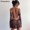Kleid Yimunancy Leopard Print Backless Kleid Frauen Langarm Mesh Kleid 2021 Frühling Halter Transparent Sexy Club Kleid Vestidos