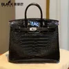 Genuine Leather Handbag LL Black Square Crocodile Skin High Black BK25 Womens Handbag Luxury Womens Bag Silver Buckle