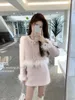 Arbeitskleider Temperament Nachahmung Straußenfell Splice Mantel Rock Zweiteiliges Set Frauen O-Ausschnitt Pailletten Mode Rosa Celebrity Solid Slim Suit