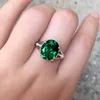 Anéis de cluster estilo de cor de prata simulação elegante verde turmalina esmeralda anel aberto chapeamento feminino em platina