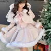 Japansk stil elegant tweed pläd klänning sätter kvinnor plysch huva sjal korta jackor minikjolar kawaii julår kostym 240223