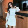 Suits New 2 Pieces Set Spring Women Sweet Bow tie Chiffon Long Sleeve Patchwork Tweed Crop Top + High Waist Mini Skirt Suit