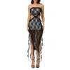 Casual Dresses Women Y2k Strapless Lace Dress Ruffle Off Shoulder Bodycon Long Tassel Hem See Through Maxi Summer Beach Wear