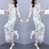 Conjuntos florais chiffon wideleg calças terno feminino novo estilo de verão lanterna manga magro conjunto de duas peças cintura elástica ruched vneck blusa