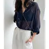 Women Sexy See-through Blouse Summer Mesh Transparent White T-Shirts Long Sleeve Casual Tops Y2k Korean Fashion Button Cardigan 240307