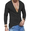 Heren Effen Slanke Fitness Lange Mouw T-shirt Diepe V-hals Knop Tops Spier Tee Blouse See Through Shirts Mannelijke casual Tees 240226