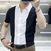 Camisa masculina de verão negócios casual retalhos camisa de negócios escritório casual masculino polo-pescoço camisa fina tendência coreano all-match remendo 240307