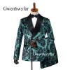 Abiti Gwenhwyfar Abito da uomo in velluto stampato con fiori neri Abito da uomo slim fit da sposa verde pavone per uomo Giacca da smoking dello sposo con pantaloni