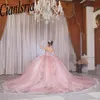 Pink 3D Flowers Beading Pearls Ball Gown Quinceanera klänningar från axelapplikationerna spetskorsett söta 15 vestido